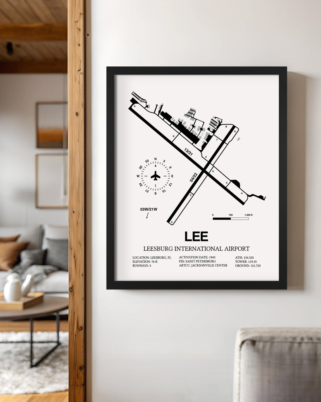 Framed Detailed Airport Map of Leesburg International Airport (LEE) in White with a Black Frame