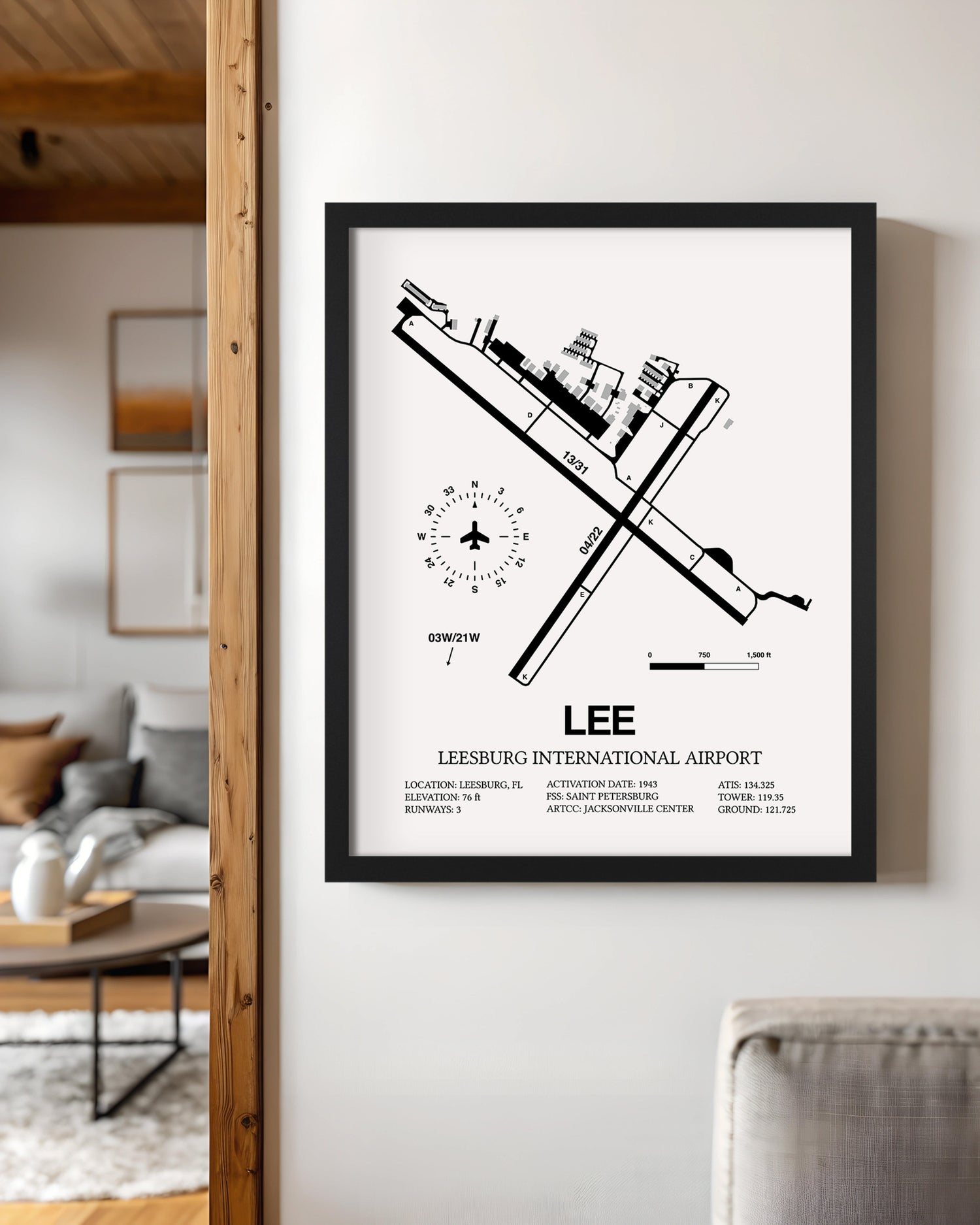 Framed Detailed Airport Map of Leesburg International Airport (LEE) in White with a Black Frame