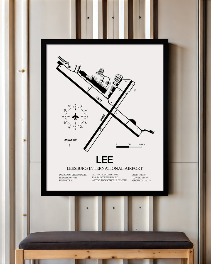 Framed Detailed Airport Map of Leesburg International Airport (LEE) in White with a Black Frame