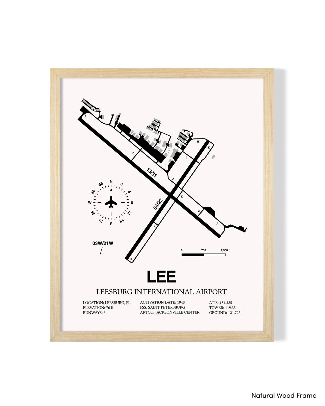 Detailed Airport Map of Leesburg International Airport (LEE) in White with a Natural Frame