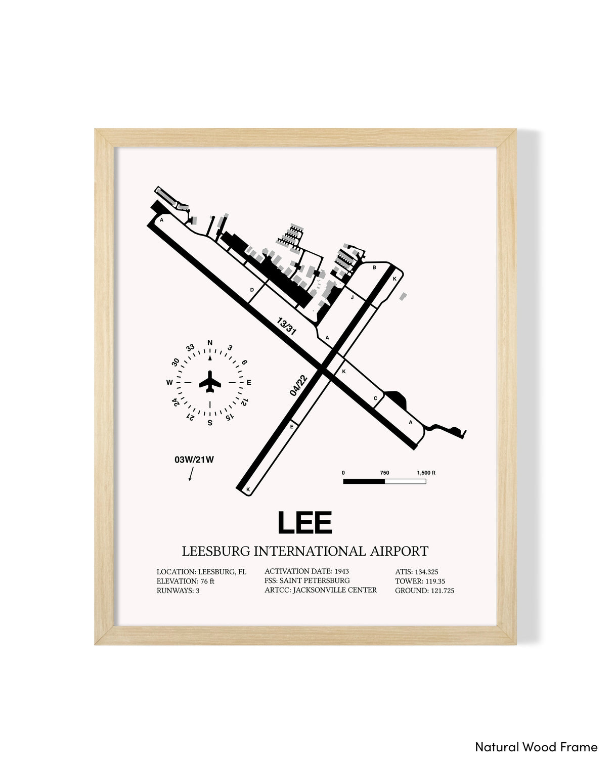Detailed Airport Map of Leesburg International Airport (LEE) in White with a Natural Frame