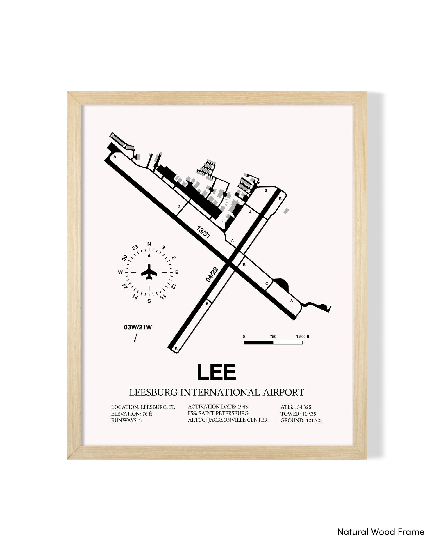 Detailed Airport Map of Leesburg International Airport (LEE) in White with a Natural Frame