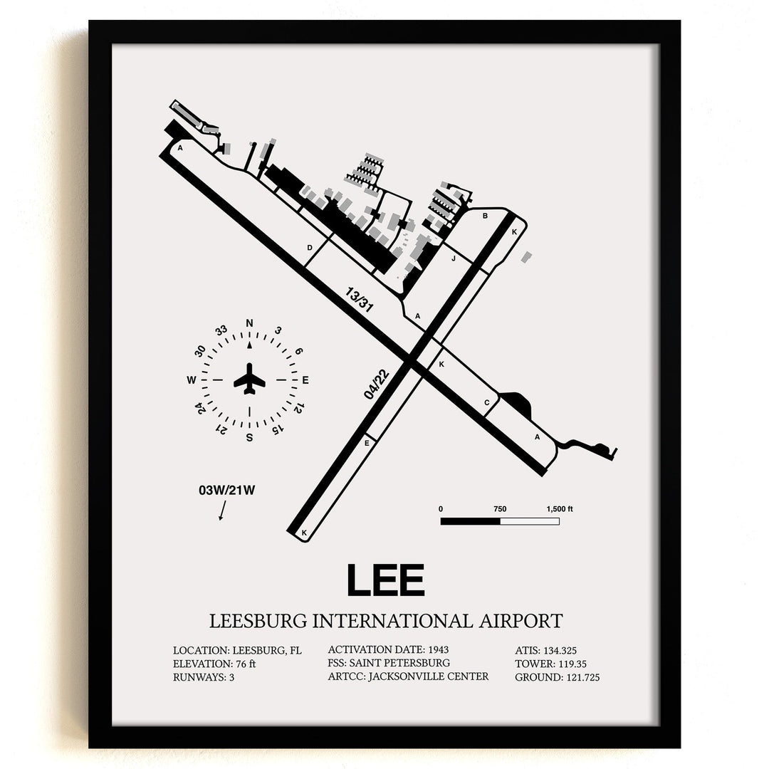 Framed Detailed Airport Map of Leesburg International Airport (LEE) in White with a Black Frame