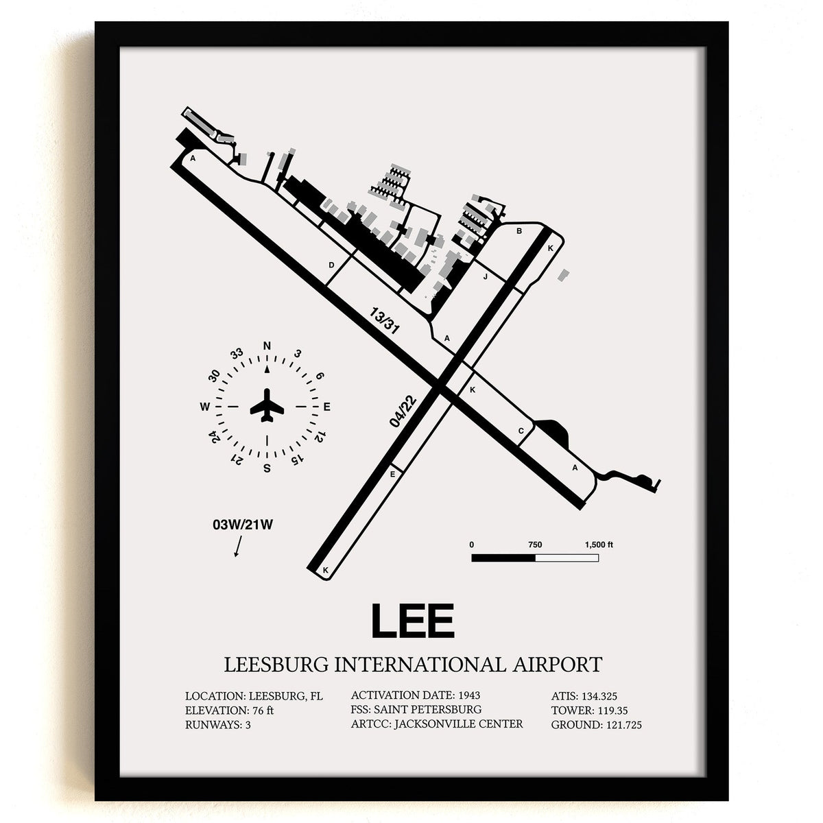 Framed Detailed Airport Map of Leesburg International Airport (LEE) in White with a Black Frame