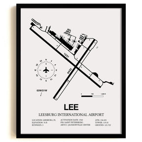 Framed Detailed Airport Map of Leesburg International Airport (LEE) in White with a Black Frame