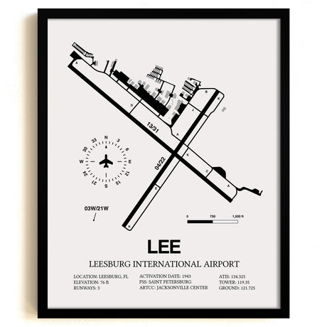 Framed Detailed Airport Map of Leesburg International Airport (LEE) in White with a Black Frame