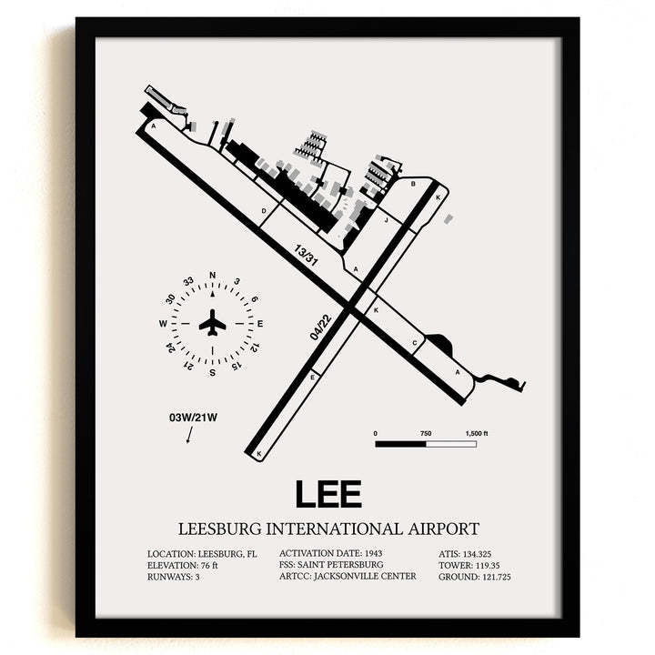 Framed Detailed Airport Map of Leesburg International Airport (LEE) in White with a Black Frame