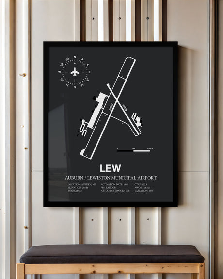 Framed Detailed Airport Map of Auburn / Lewiston Municipal Airport (LEW) in Gray with a Black Frame