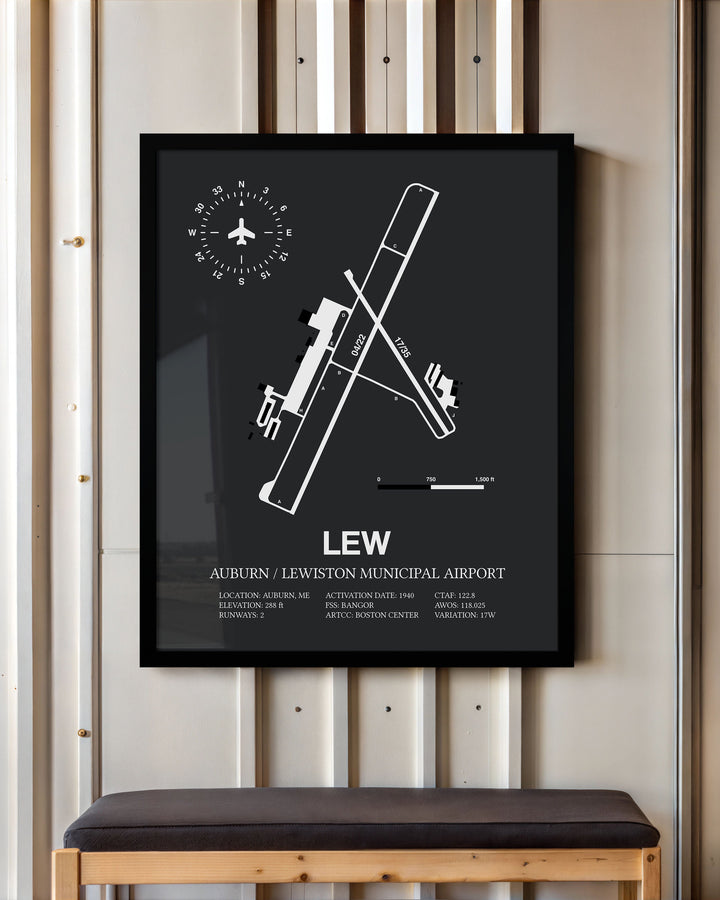 Framed Detailed Airport Map of Auburn / Lewiston Municipal Airport (LEW) in Gray with a Black Frame