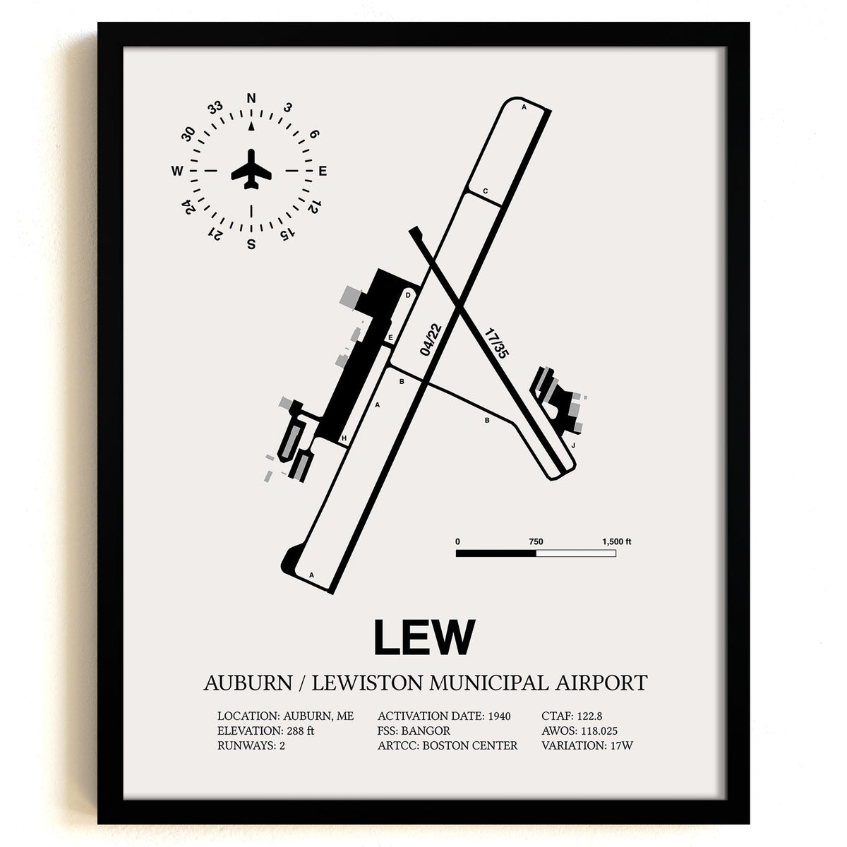 Framed Detailed Airport Map of Auburn / Lewiston Municipal Airport (LEW) in White with a Black Frame