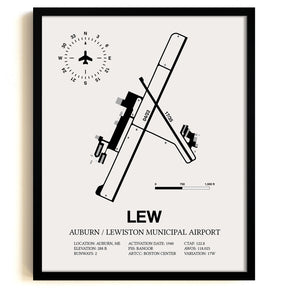 Framed Detailed Airport Map of Auburn / Lewiston Municipal Airport (LEW) in White with a Black Frame