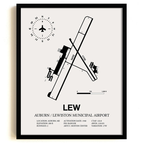 Framed Detailed Airport Map of Auburn / Lewiston Municipal Airport (LEW) in White with a Black Frame