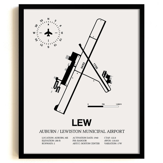 Framed Detailed Airport Map of Auburn / Lewiston Municipal Airport (LEW) in White with a Black Frame