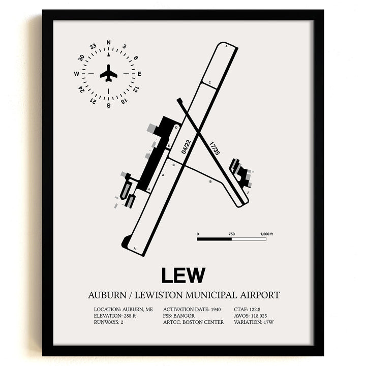 Framed Detailed Airport Map of Auburn / Lewiston Municipal Airport (LEW) in White with a Black Frame