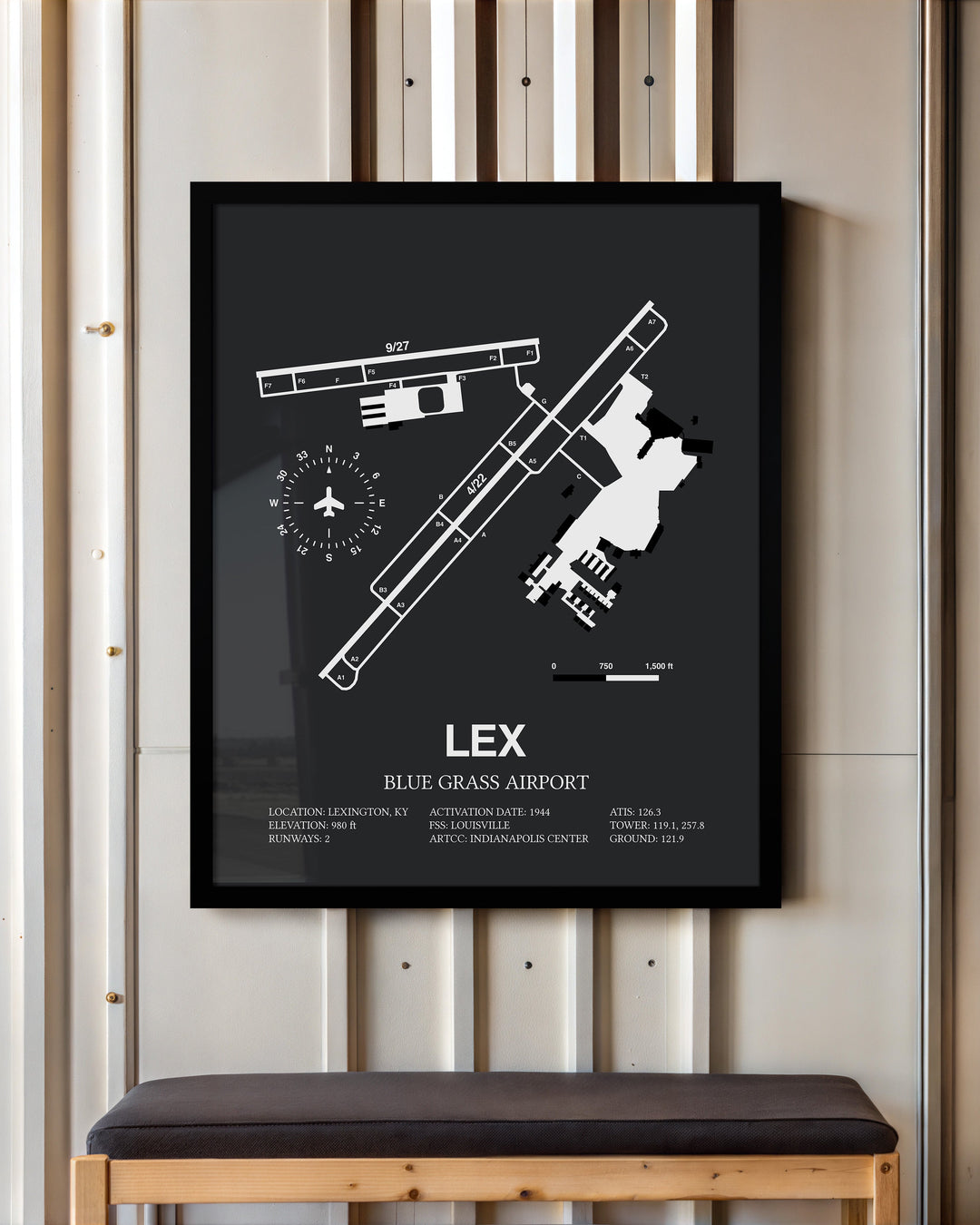 Framed Detailed Airport Map of Blue Grass Airport (LEX) in Gray with a Black Frame