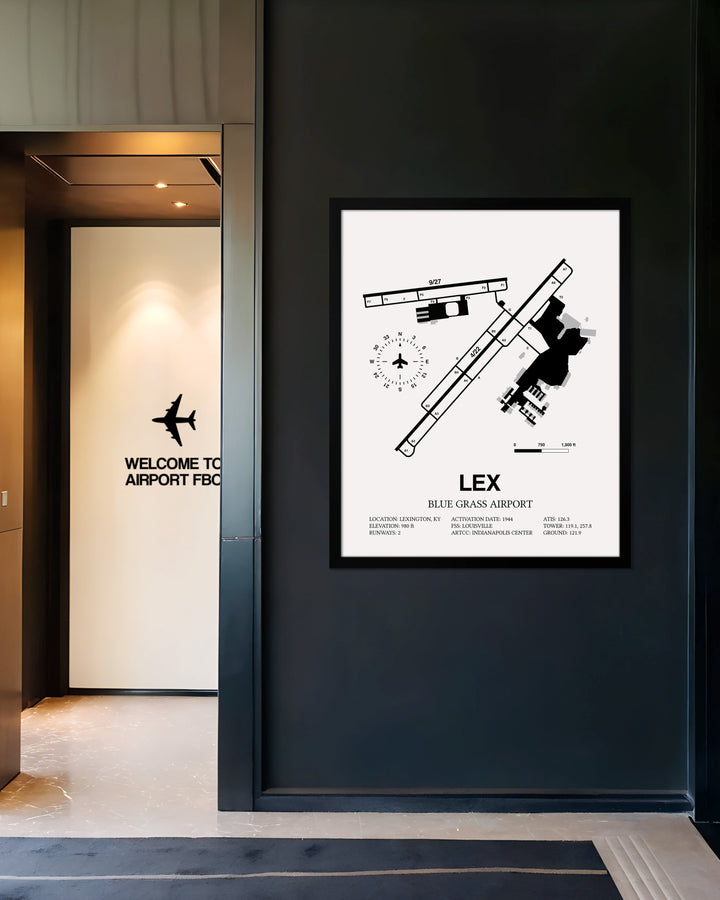 Framed Detailed Airport Map of Blue Grass Airport (LEX) in White with a Black Frame