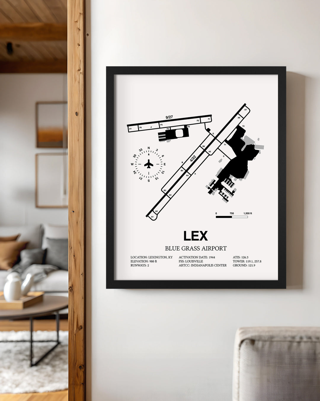 Framed Detailed Airport Map of Blue Grass Airport (LEX) in White with a Black Frame