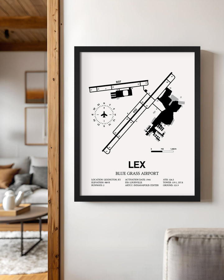 Framed Detailed Airport Map of Blue Grass Airport (LEX) in White with a Black Frame