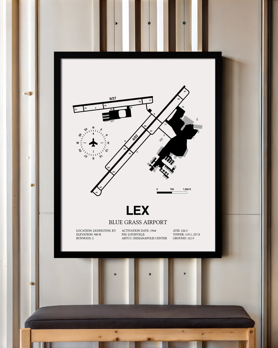Framed Detailed Airport Map of Blue Grass Airport (LEX) in White with a Black Frame