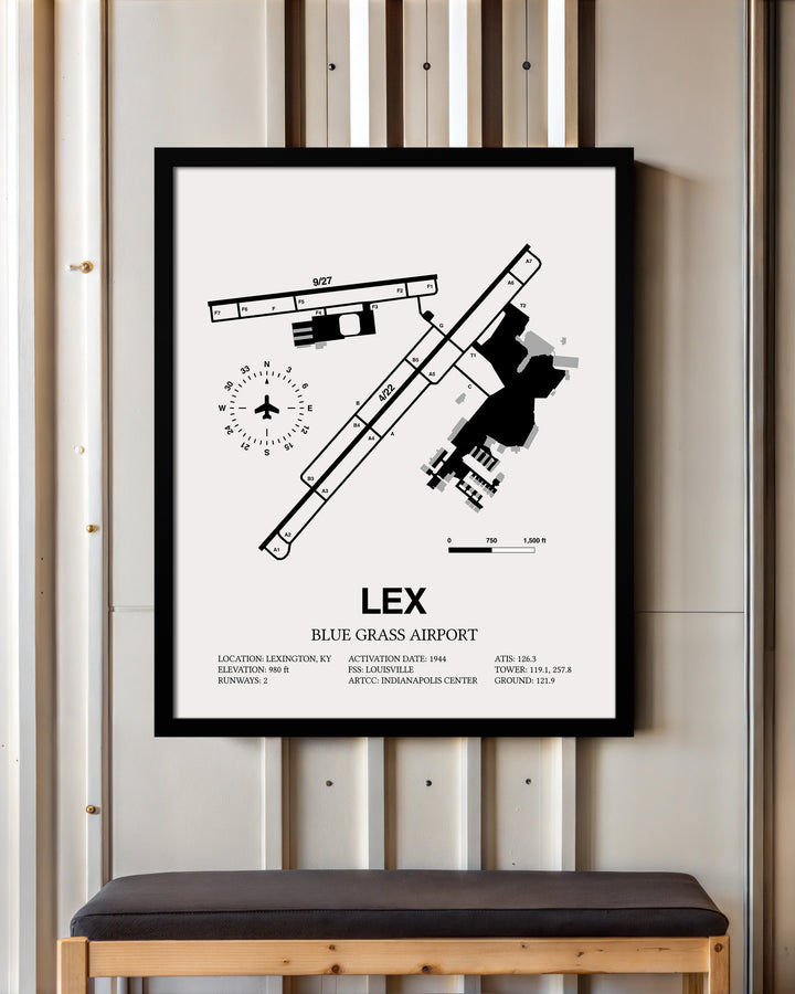 Framed Detailed Airport Map of Blue Grass Airport (LEX) in White with a Black Frame