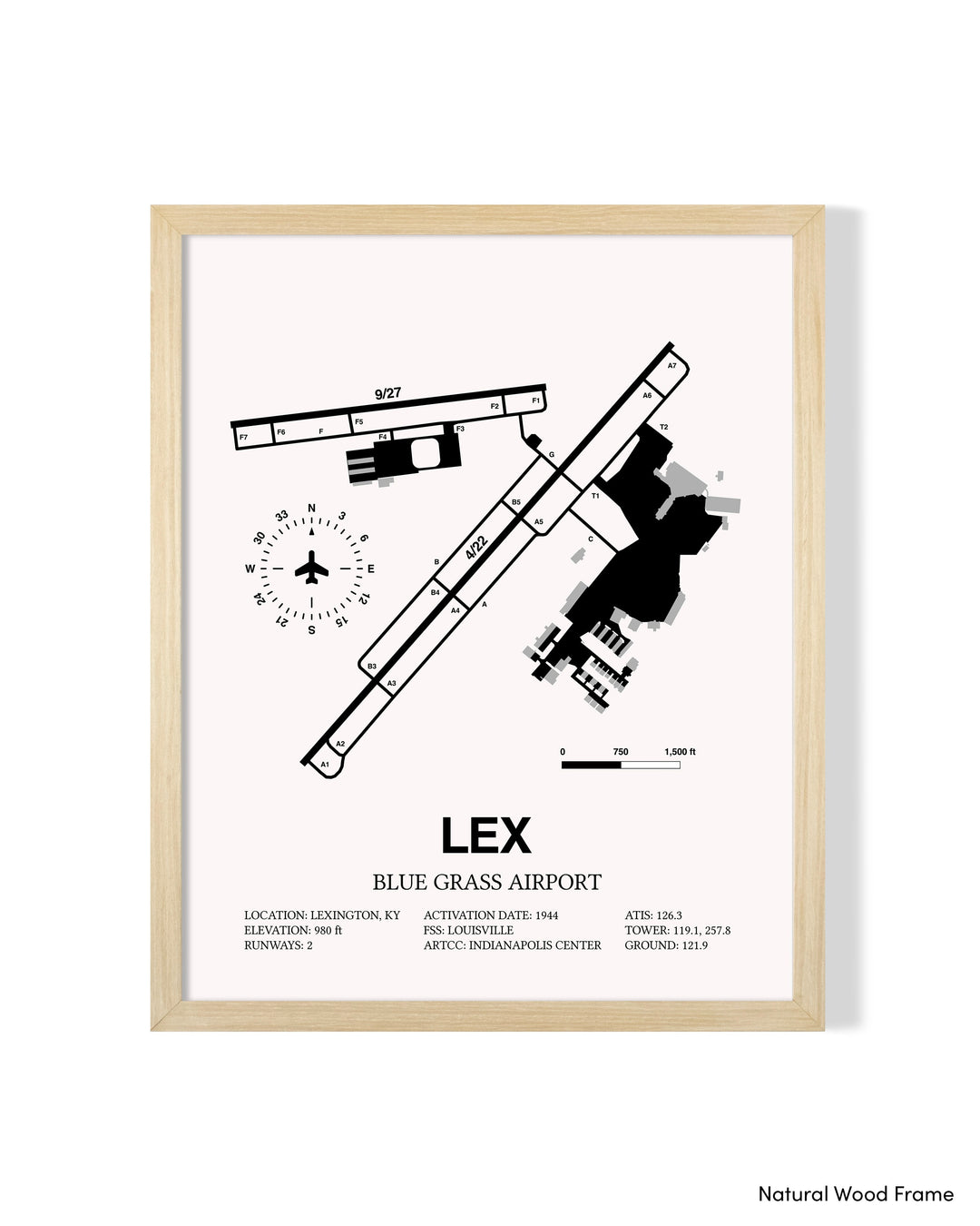 Detailed Airport Map of Blue Grass Airport (LEX) in White with a Natural Frame