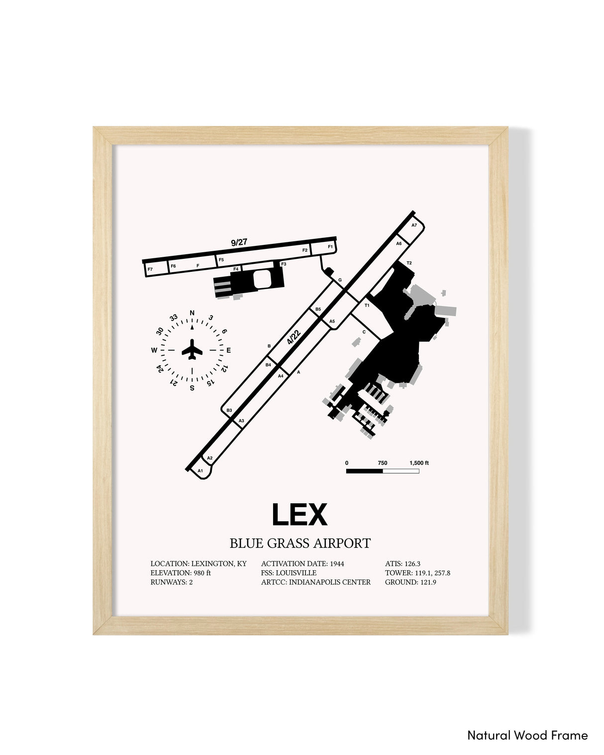 Detailed Airport Map of Blue Grass Airport (LEX) in White with a Natural Frame