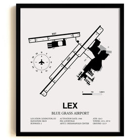 Framed Detailed Airport Map of Blue Grass Airport (LEX) in White with a Black Frame