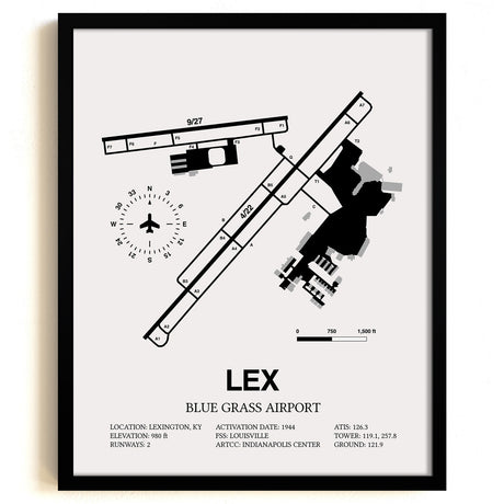 Framed Detailed Airport Map of Blue Grass Airport (LEX) in White with a Black Frame