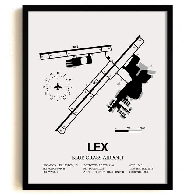 Framed Detailed Airport Map of Blue Grass Airport (LEX) in White with a Black Frame