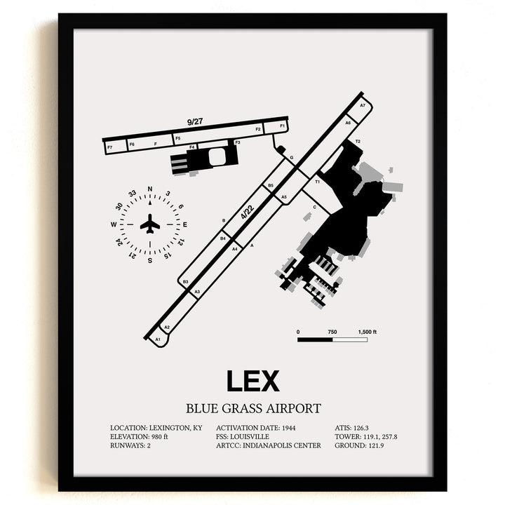 Framed Detailed Airport Map of Blue Grass Airport (LEX) in White with a Black Frame