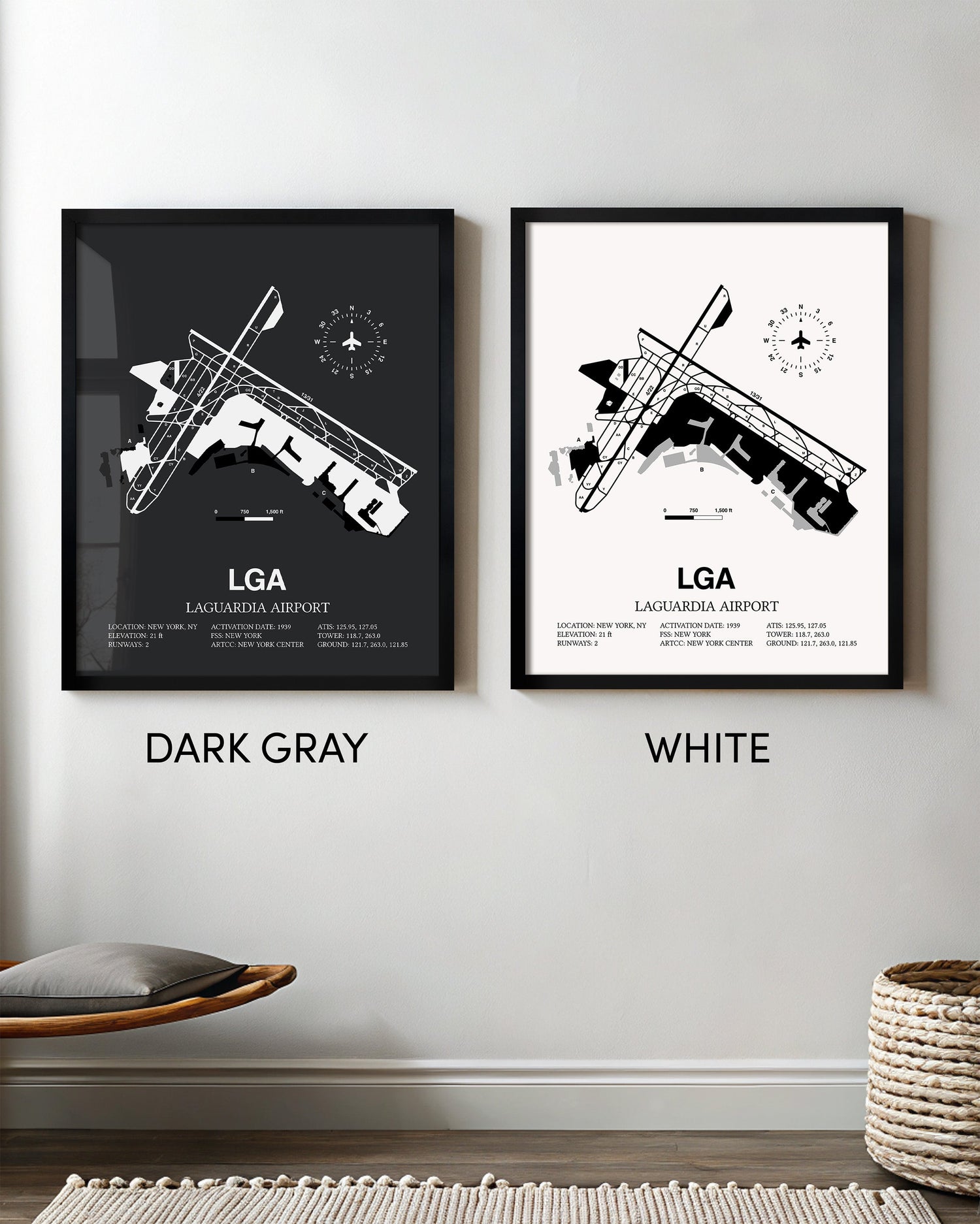 Framed Detailed Airport Map of LaGuardia Airport (LGA) in White and Gray