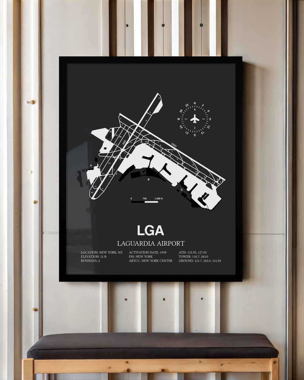 Framed Detailed Airport Map of LaGuardia Airport (LGA) in Gray with a Black Frame