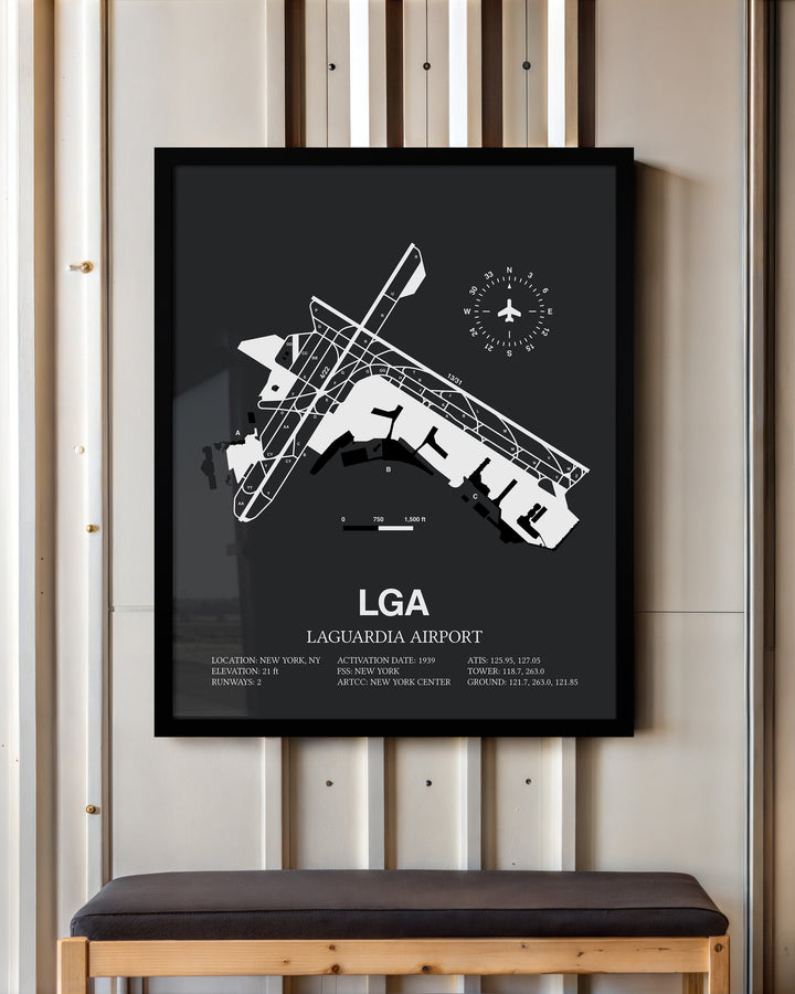 Framed Detailed Airport Map of LaGuardia Airport (LGA) in Gray with a Black Frame