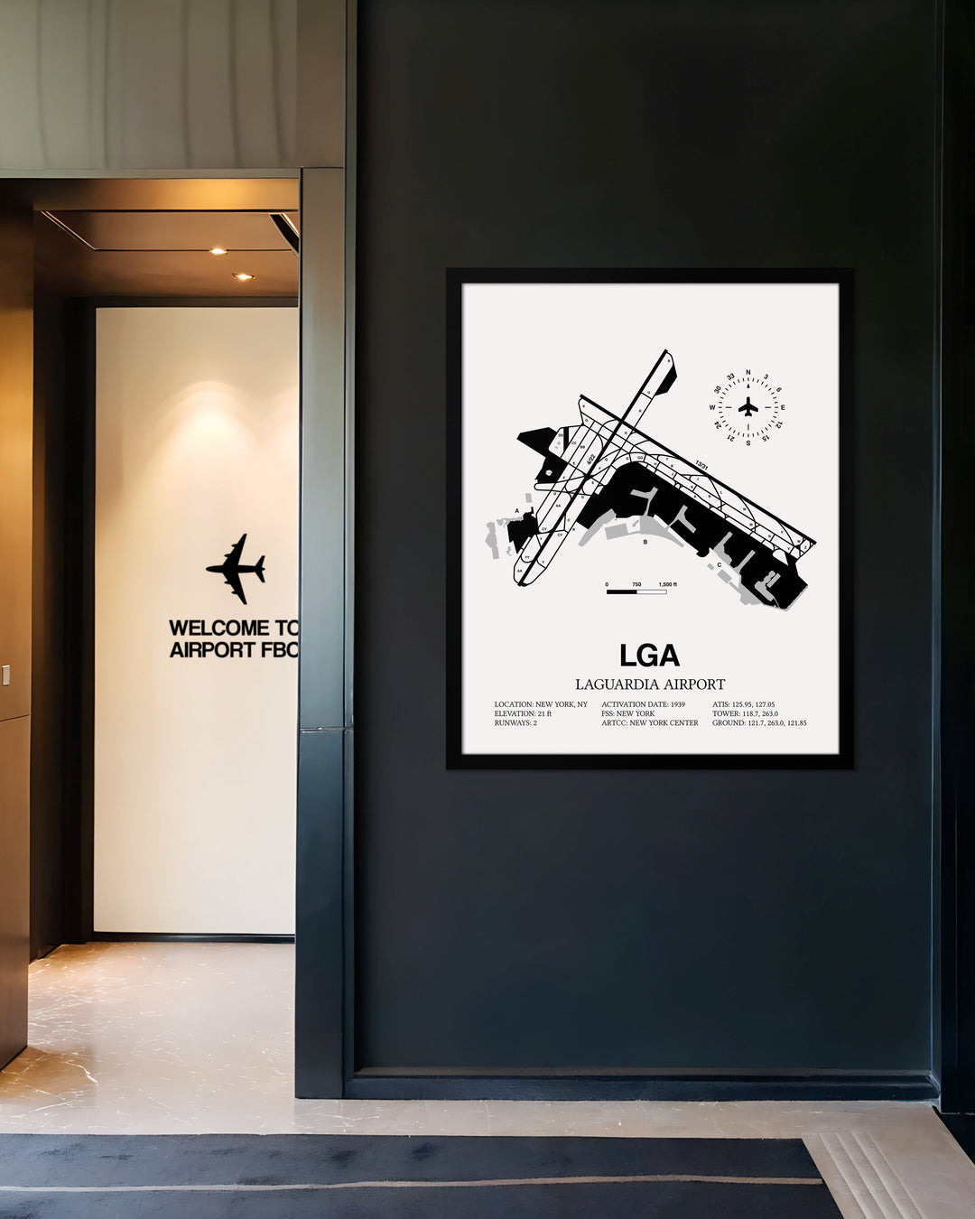 Framed Detailed Airport Map of LaGuardia Airport (LGA) in White with a Black Frame