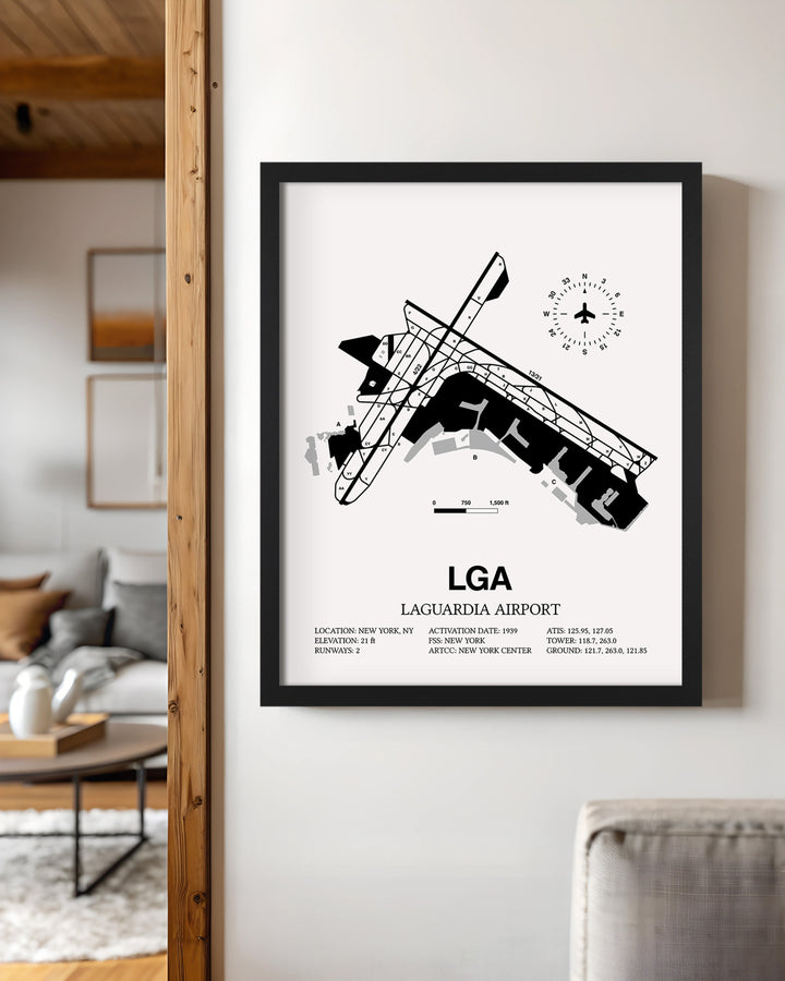 Framed Detailed Airport Map of LaGuardia Airport (LGA) in White with a Black Frame
