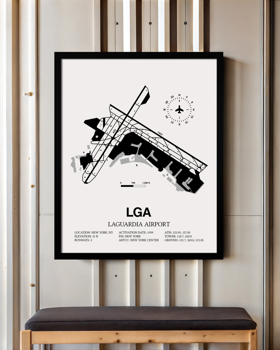 Framed Detailed Airport Map of LaGuardia Airport (LGA) in White with a Black Frame