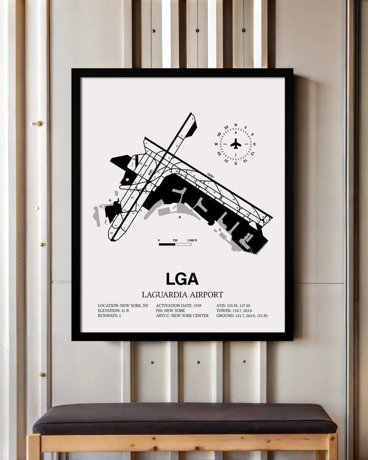 Framed Detailed Airport Map of LaGuardia Airport (LGA) in White with a Black Frame