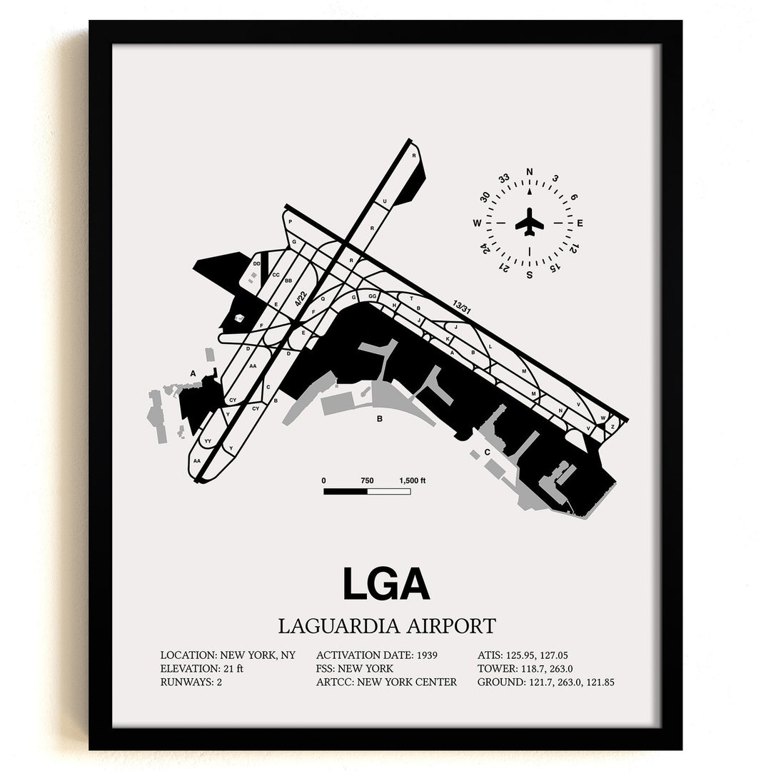 Framed Detailed Airport Map of LaGuardia Airport (LGA) in White with a Black Frame