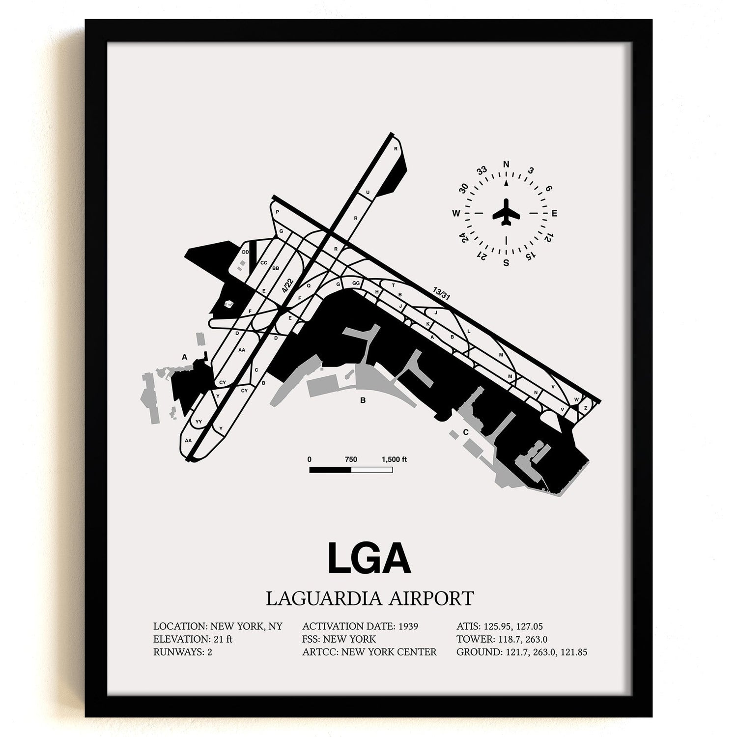 Framed Detailed Airport Map of LaGuardia Airport (LGA) in White with a Black Frame