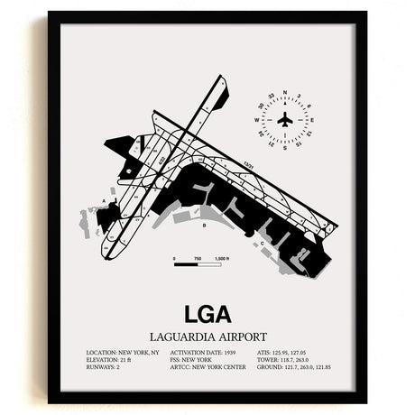 Framed Detailed Airport Map of LaGuardia Airport (LGA) in White with a Black Frame