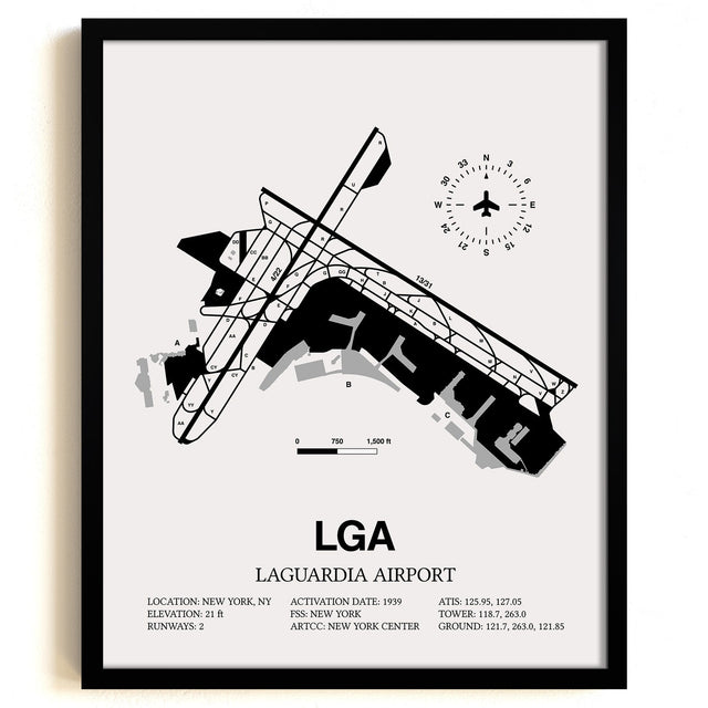 Framed Detailed Airport Map of LaGuardia Airport (LGA) in White with a Black Frame