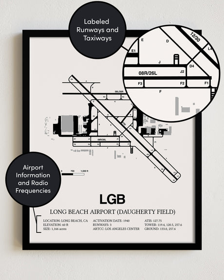 Framed Detailed Airport Map of Long Beach Airport (Daugherty Field) (LGB) in White with a Black Frame