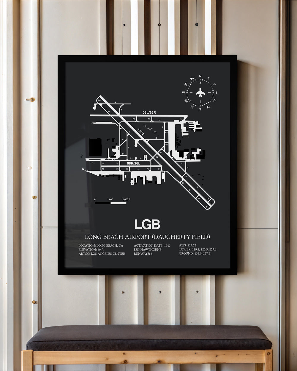 Framed Detailed Airport Map of Long Beach Airport (Daugherty Field) (LGB) in Gray with a Black Frame