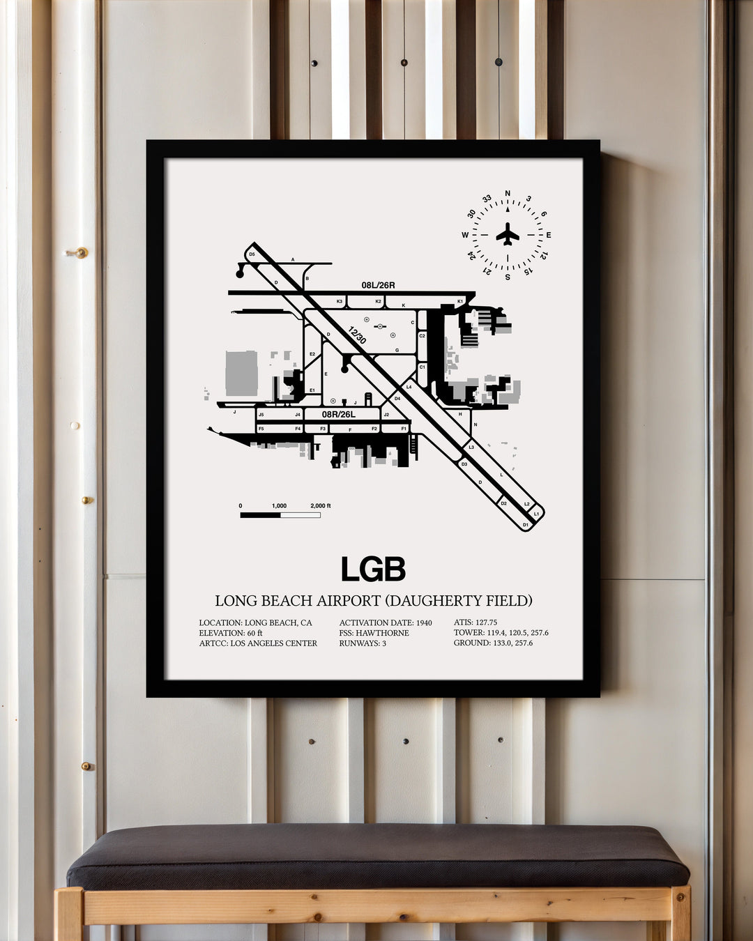 Framed Detailed Airport Map of Long Beach Airport (Daugherty Field) (LGB) in White with a Black Frame