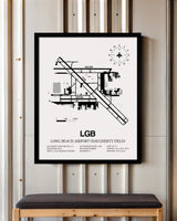 Framed Detailed Airport Map of Long Beach Airport (Daugherty Field) (LGB) in White with a Black Frame