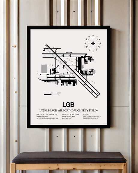 Framed Detailed Airport Map of Long Beach Airport (Daugherty Field) (LGB) in White with a Black Frame