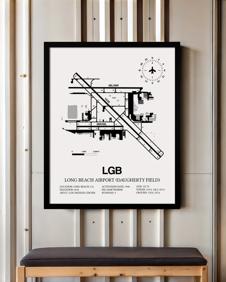 Framed Detailed Airport Map of Long Beach Airport (Daugherty Field) (LGB) in White with a Black Frame
