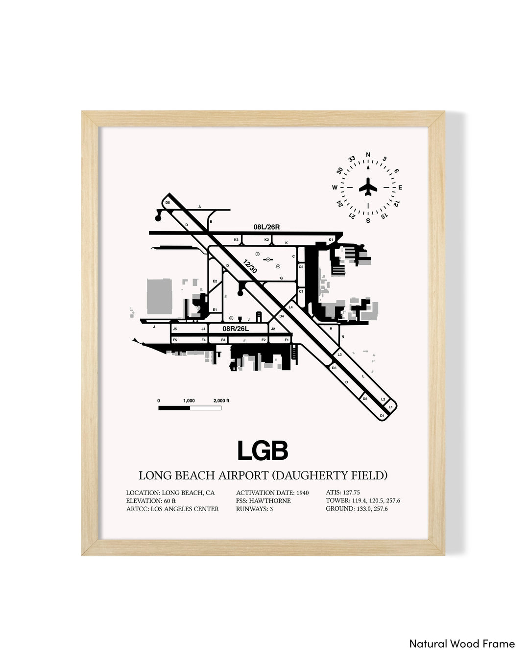 Detailed Airport Map of Long Beach Airport (Daugherty Field) (LGB) in White with a Natural Frame