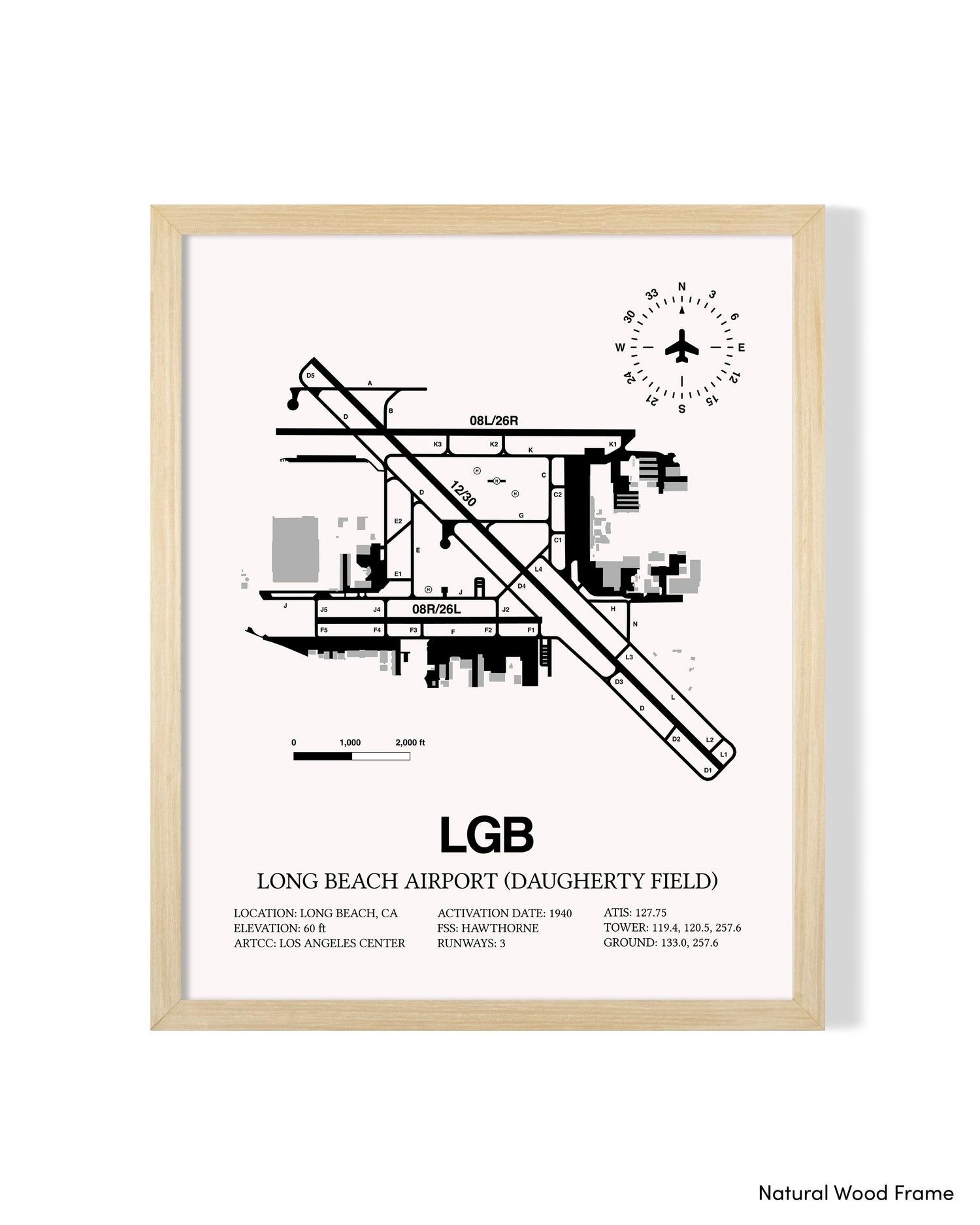 Detailed Airport Map of Long Beach Airport (Daugherty Field) (LGB) in White with a Natural Frame