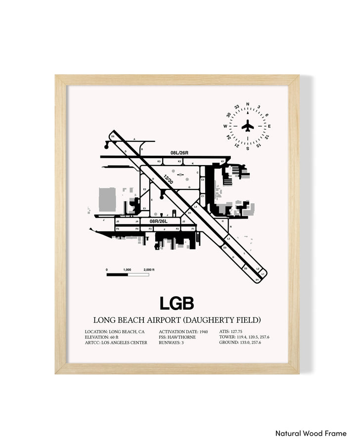 Detailed Airport Map of Long Beach Airport (Daugherty Field) (LGB) in White with a Natural Frame